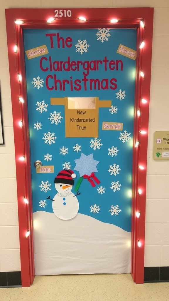 Kindergarten Christmas Door Decorating Contest Ideas A festive kindergarten door decorated with a winter wonderland theme, including snowflakes and a snowman.